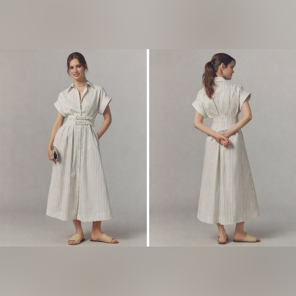 Exquise Anthropologie Jana Dress Black White Striped Belted Midi‎ XXSP NWT